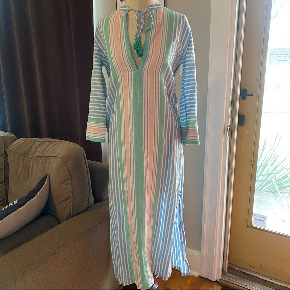 J crew blue green pink caftan stripe keyhole midi dress tassels slits